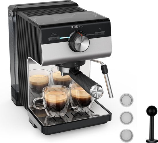 Krups Authentic XP384E10 Pistonmachine - Espressomachine - 15 Bar - Thermoblock-systeem - RVS - Inclusief Stoompijpje - Geschikt voor Gemalen Koffie & ESE Pads