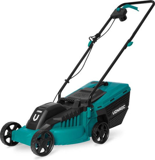 VONROC Elektrische grasmaaier – 1300W – 32cm maaibreedte – 30L opvangbak + vulindicator – Instelbare maaihoogte