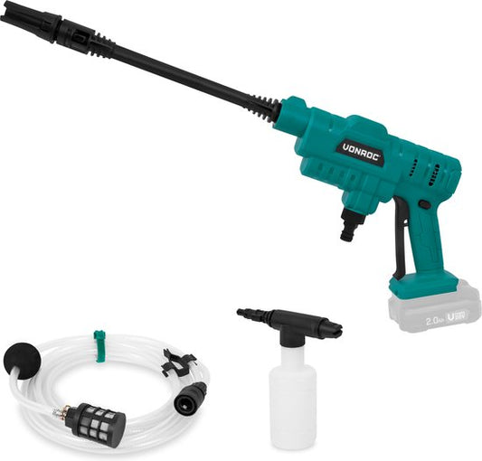 VONROC Accu drukreiniger 20V – 24bar – 198 l/h - Incl. 5m aanzuigslang, reinigingsmiddelenfles en regelbare spuitmond – Zonder accu & lader