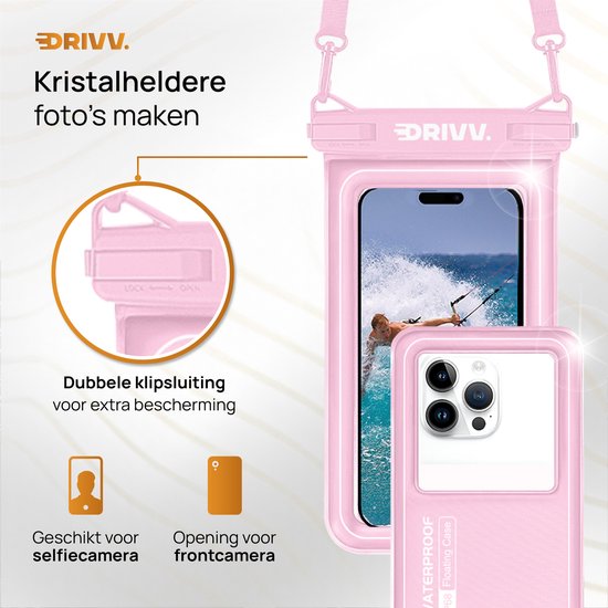 Drivv. Luxe Waterdicht Telefoonhoesje – Drijvend - Dubbele Klipsluiting - Tot 6.8 inch – Onderwater Hoesje telefoon - Roze