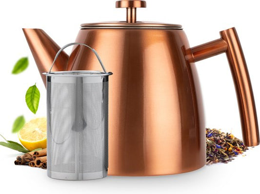 Vaja® Theepot Juliette Rosé - Dubbelwandig - 1 Liter - RVS Theekan met Filter & Warmhouder