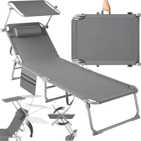 tectake® - ligbed Zonnestoel ligstoel - 4 standen , inklapbaar – grijs - 68 x 190 x 28 cm, met zijvak