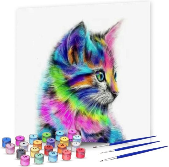 Rubye® Schilderen Op Nummer Volwassenen – Kleurrijke Kat – Inclusief Verf en Penselen – Canvas Schildersdoek – Kleuren op Nummer – 40x50cm