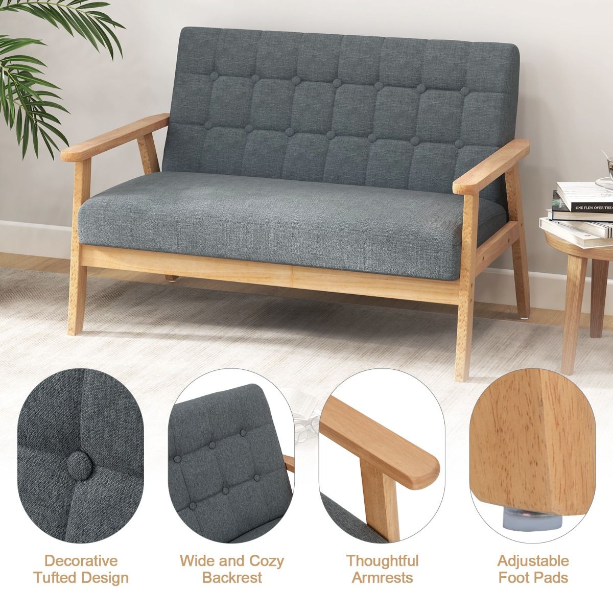 Coast Linnen Loveseat 2-Zits - Grijs - 114x72x77 cm - Rubberhouten Frame - Mid-Eeuws Design