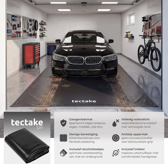 tectake® Garagemat - Vloermat - 550 x 240 cm - Antislip en Waterdicht - Inclusief Uitschuifbare Trekker, Klittenbandpads en Alcoholdoekjes - Milieumat - Werkplaatsmat - Voor Garage, Motor en Auto