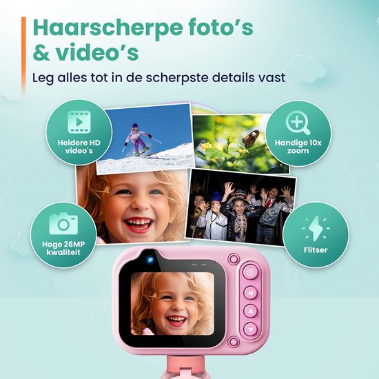 ODESSEY Waterdichte Kindercamera - met Tripod - Full HD - Selfie Camera - 32GB SD Kaart - Foto - Video - Spelletjes - Digitale Camera Kinderen - Fototoestel voor kinderen - Roze