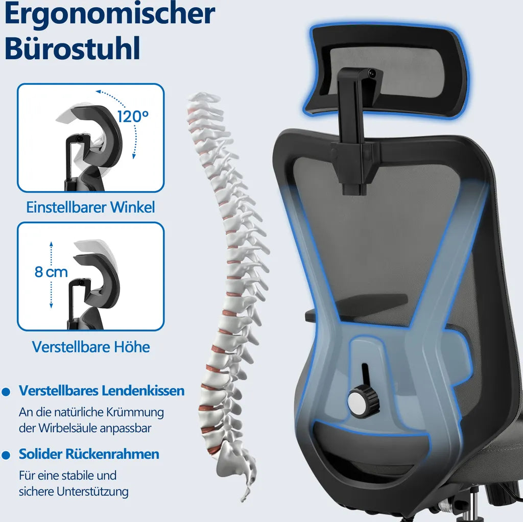 Yaheetech Ergonomische Bureaustoel - Mesh - Verstelbaar - Met Hoofdsteun - Armleuningen - Zwart
