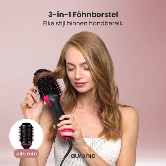 Auronic 3-in-1 Föhnborstel voor Extra Volume, Stijlen en Krullen - Airstyler - Krulborstel - Keramische Magic Brush - 1000W - Ø 45 mm - Zwart/Roze