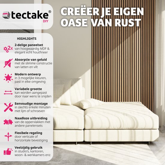 tectake® - Set van 2 akoestische panelen Sonic Wall - licht eiken - Geluidsabsorberend paneel - Geluidsdemping - div kleuren - afm. per paneel (LxBxH): ca. 120x60x2,1cm