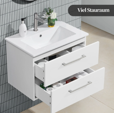 Yaheetech Badkamermeubel met Wastafel - Wit Hoogglans - 61 x 39,5 x 45,5 cm - Wandmontage, 4 Lades, Keramische Wasbak