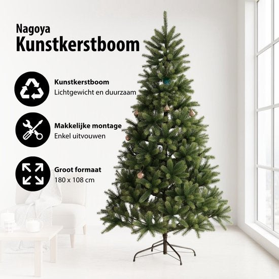 Black Box Trees Nagoya Kerstboom - Kunstboom met Scharnierconstructie voor Snelle Opbouw - Kerstversiering voor Binnen met Volle Uitstraling - H180 x Ø108 cm - Groen