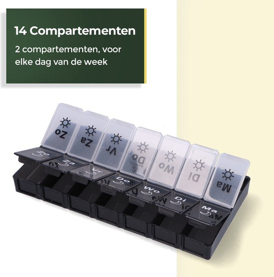 Gandria Pillendoos 7 Dagen - Pillendoosje - Pillesdoosjes met 14 Compartimenten - Medicijndoos met Stevige Sluiting - Grote vakken - Zwart