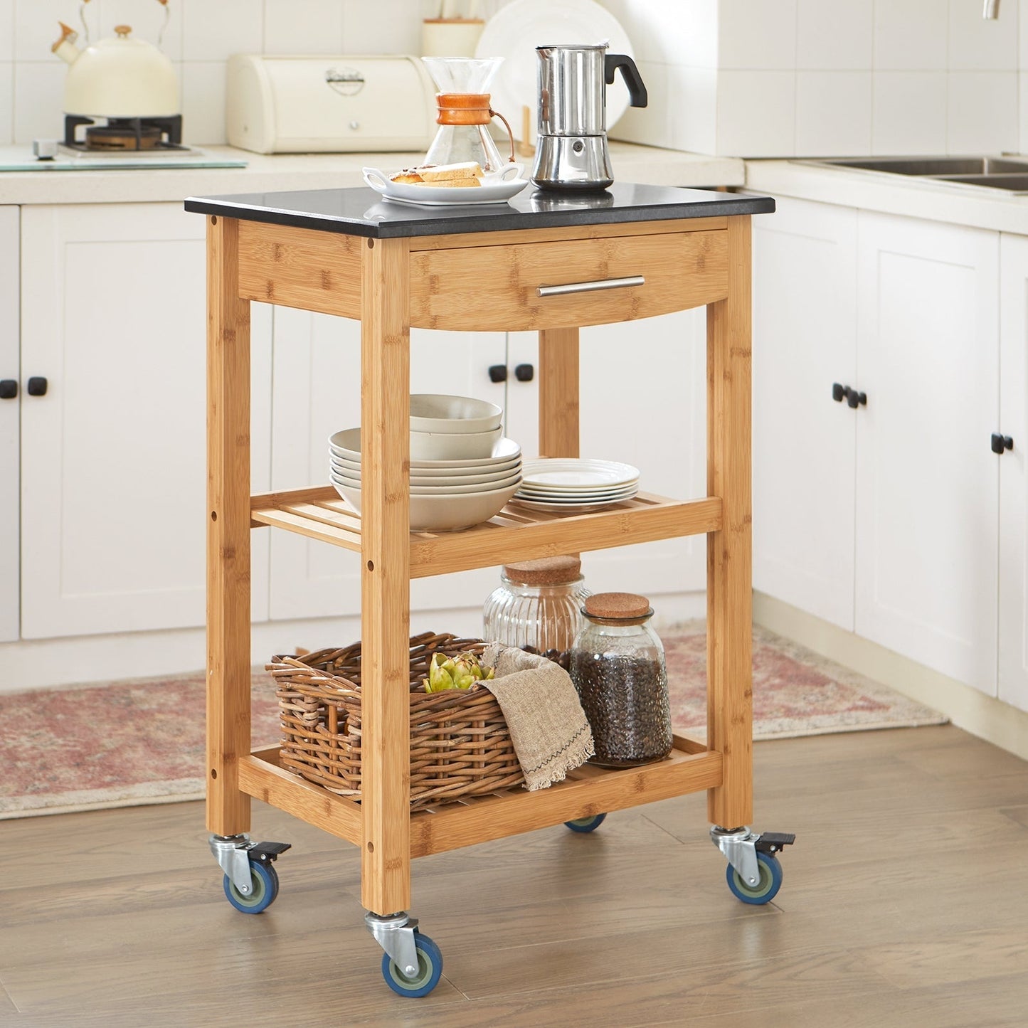 SoBuy Keukenwagen met 1 lade en 2 opbergplanken - Max. 50KG - 58 x 85 x 40 cm - Houtkleur