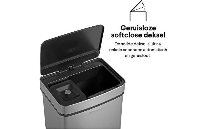 Homra Prullenbak – Automatische deksel & 3 vakken – 72L (2x12L + 48L) – 31,5 x 42 x 82,5 cm – Grijs