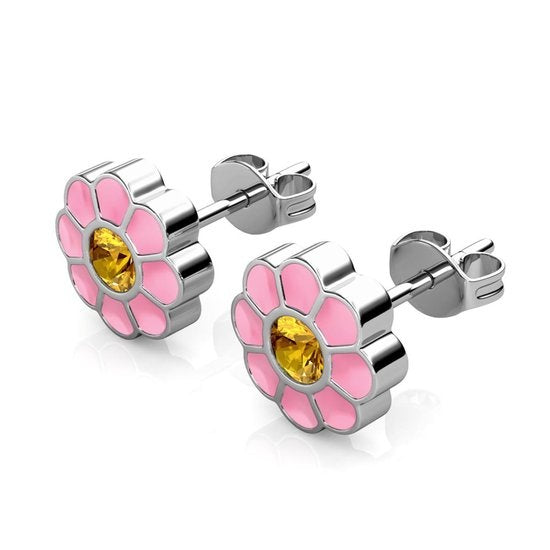 Yolora Kids Roze Bloemen Oorbellen - Kalpa Camaka Kristallen - 18K Witgoud Verguld - Kind - Meisjes Oorknopjes Zilver kleurig - Sieraden Kinderen - Luxe Giftbox - Geschenkdoos - Cadeau doos - Geschenkverpakking - Mooie Cadeauverpakking