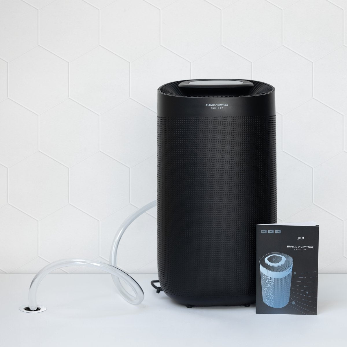 JAP Appliances Enivio D9 - Luchtontvochtiger en luchtreiniger met HEPA-filter en 4 wielen - Ontvochtigt 12L per dag - Hygrostaat - Ontvochtiger huis - Woonkamer, slaapkamer, badkamer en kelder - Met afvoer - Was-droog Functie