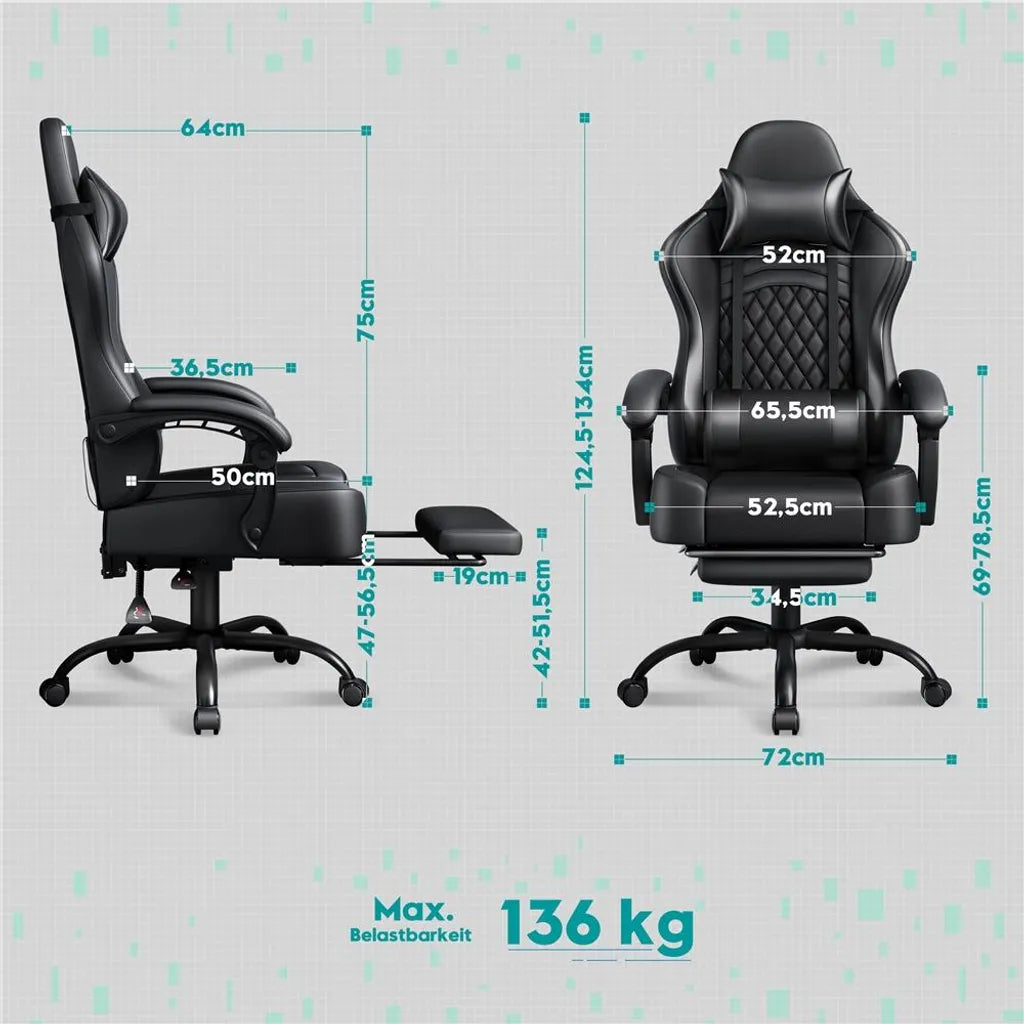 Yaheetech Gamingstoel 72 × 72 × 124,5–134 cm – Zwart – Ergonomische Gamestoel met Massagefunctie, Voetensteun en Verstelbare Hoogte