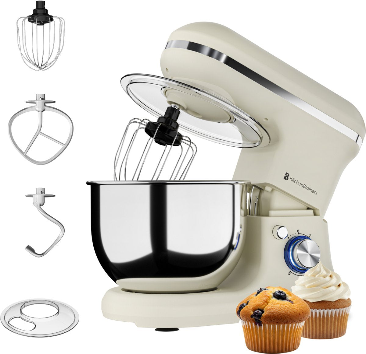 KitchenBrothers Keukenmachine – 1200W – 5L Mengkom – 6 Snelheden + Pulse – Keukenrobot met Kneedhaak, Garde & Menghaak – Champagne