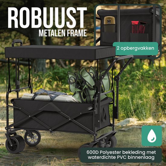 Avalo Bolderkar Met Dak XL - Opvouwbaar - Tot 110KG - 97x60x105 CM - 120L - 360º Wielen - Zwart