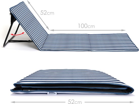 Opvouwbare strandmat - ligstoel - verstelbare rugleuning - makkelijk draagbaar - lichtgewicht - opbergvak met rits (blauw/wit gestreept verticaal)
