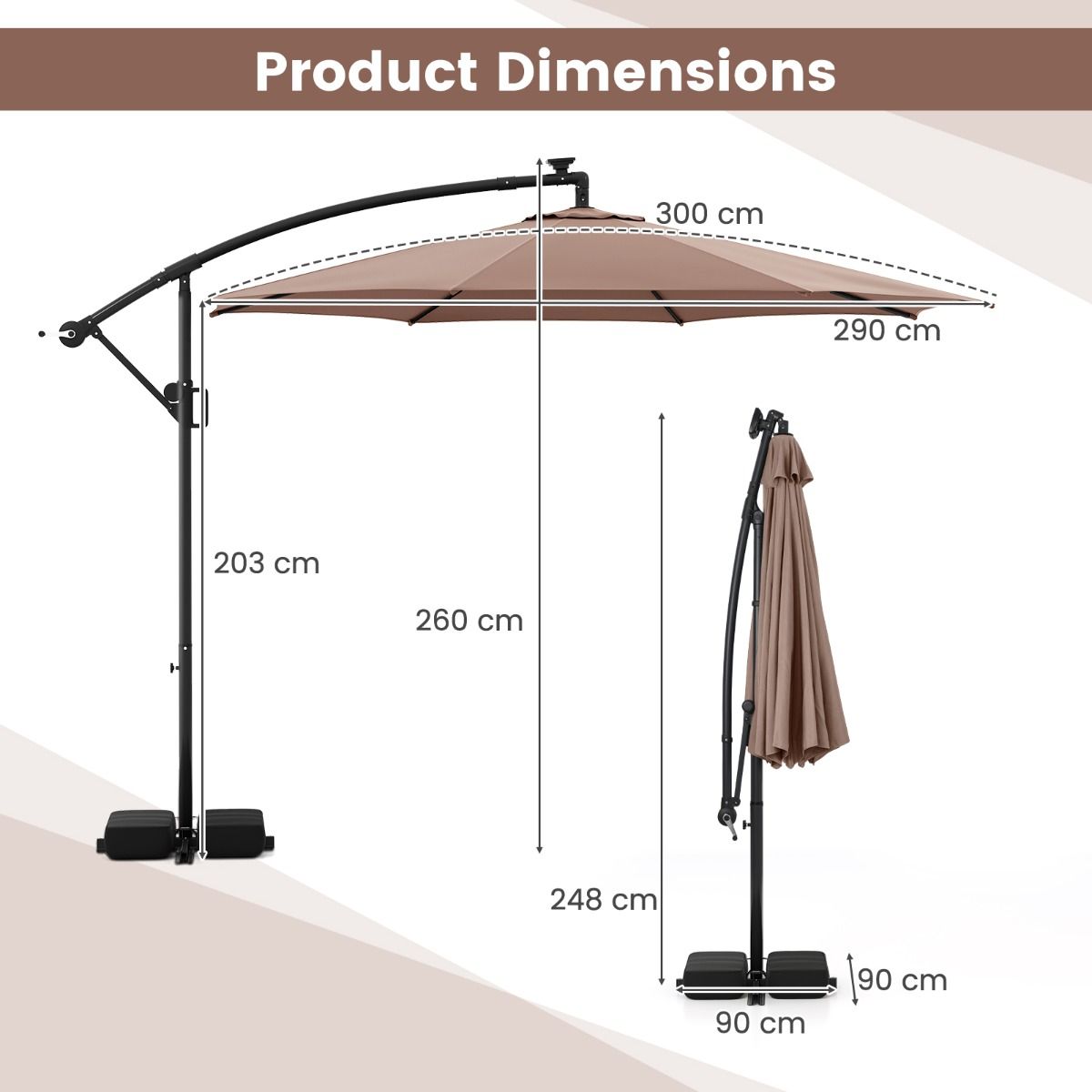 Coast Zweefparasol met LED-verlichting - 9 verlichtingsmodi - met zandzakken en slinger - bruin - 300 x 260 cm