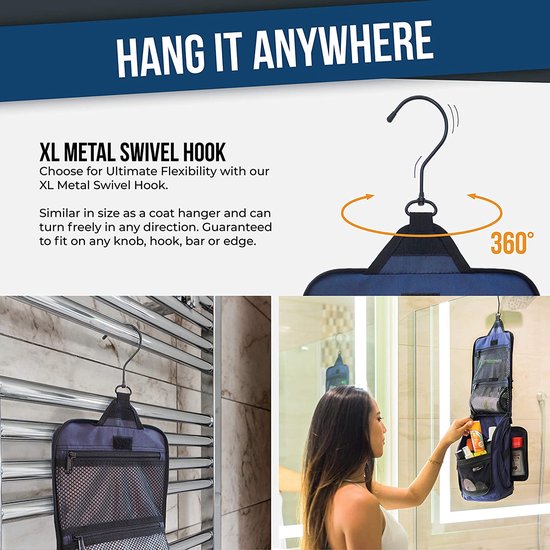 Plugstore - Hanging Toiletry Bag voor mannen en vrouwen, perfecte reiskit voor make-up, toiletries en cosmetica, gratis e-book, blauw (blauw) - HTB-M-B