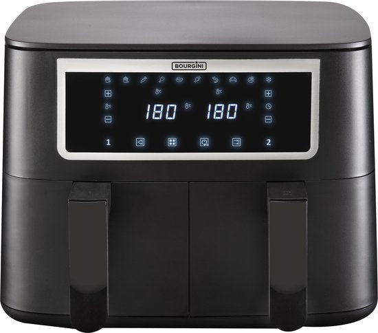Bourgini Duo Heteluchtfriteuse 2 x 4.0L - PFAS vrij - Airfryer XXL - 2 laden met synchronisatie functie - Touchscreen - 8L - 2600W - Zwart