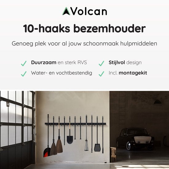 Volcan Bezemhouder - Bezem Ophangsysteem Tuingereedschap - 9 Houders 10 Haken - Zelfklevend 3M Tape - Gereedschapshouder - RVS Zwart