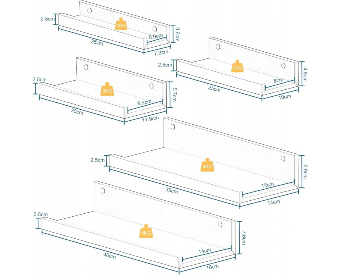 Eugad Wandplankenset van 5 Hangplanken - Wit MDF - 40 x 16 x 8 cm - Moderne Wandplanken voor Woonkamer, Slaapkamer, Keuken en Hal