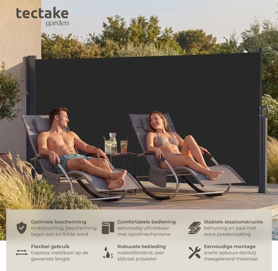tectake® Uitschuifbaar Windscherm met Oprolmechanisme - 300 x 160 cm - Zijluifel met Aluminium Frame- Zonnescherm - Tuinscherm - Zwart Balkonscherm - Ondoorzichtbaar Privacyscherm - Markiesdoek