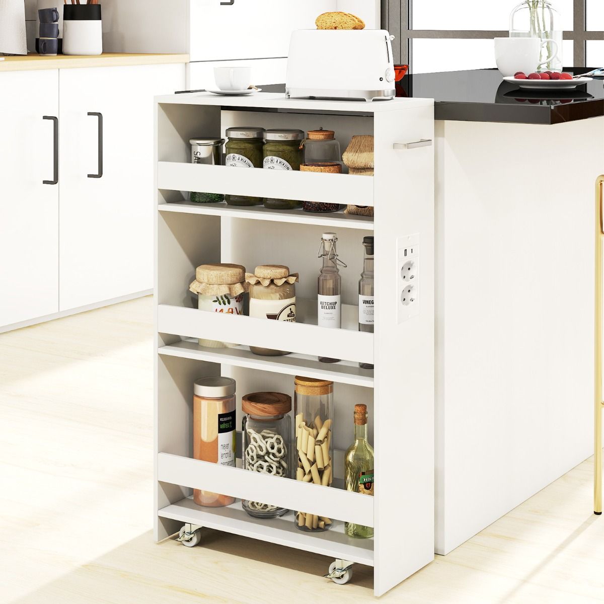 Coast Smalle Opbergkar - 4-laags verrijdbare keukenkar - met oplaadstation - wit 47,5 x 20 x 80,5 cm