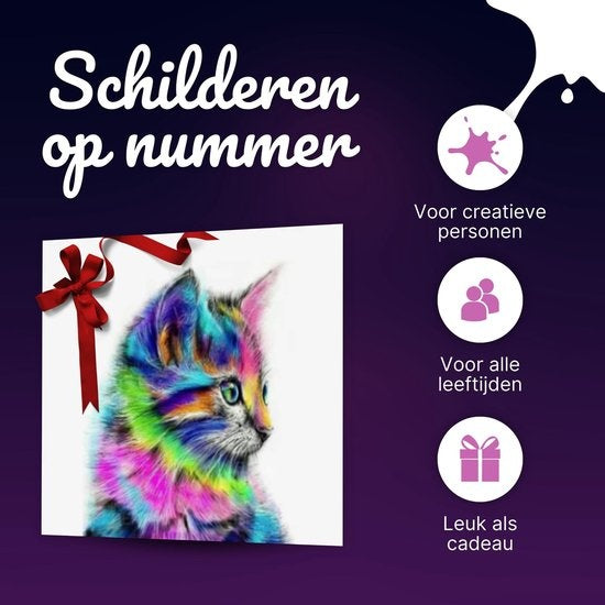Rubye® Schilderen Op Nummer Volwassenen – Kleurrijke Kat – Inclusief Verf en Penselen – Canvas Schildersdoek – Kleuren op Nummer – 40x50cm