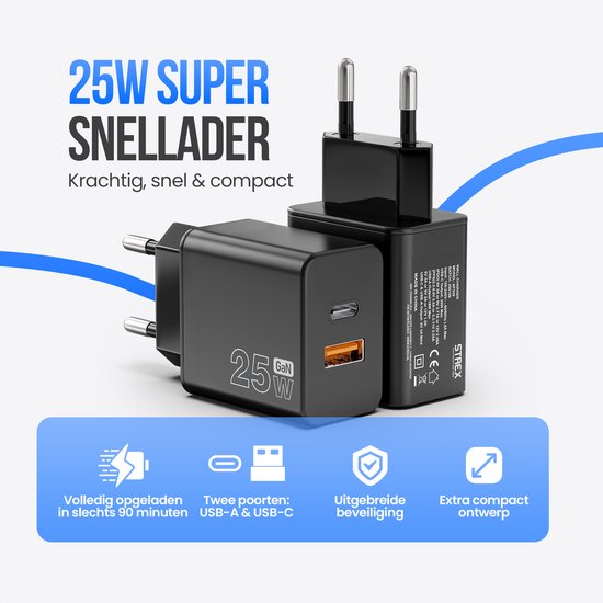 Strex USB-C & USB-A Snellader 25W - GaN Oplader met PD 3.0 & QC 3.0 - Inclusief USB-C Kabel - Zwart