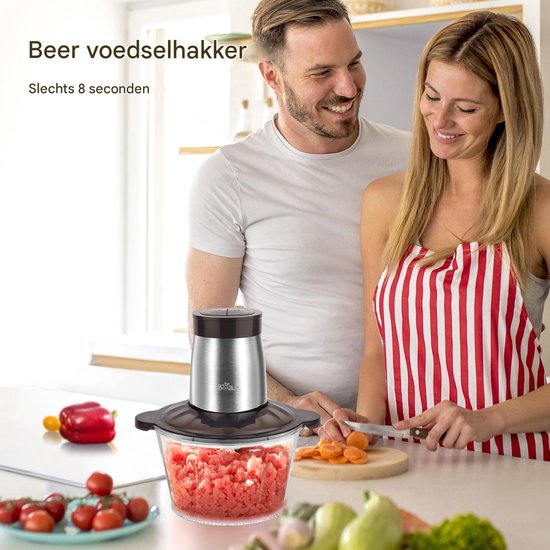 Bear QSJ-D03W5 - 2L Elektrische hakmolen, mini-hakmolen, pulsfunctie met één hand, 2600 r/min, 2 snelheden, hakmolen met 4 roestvrijstalen messen, vleesmolen, babyvoeding, groenten