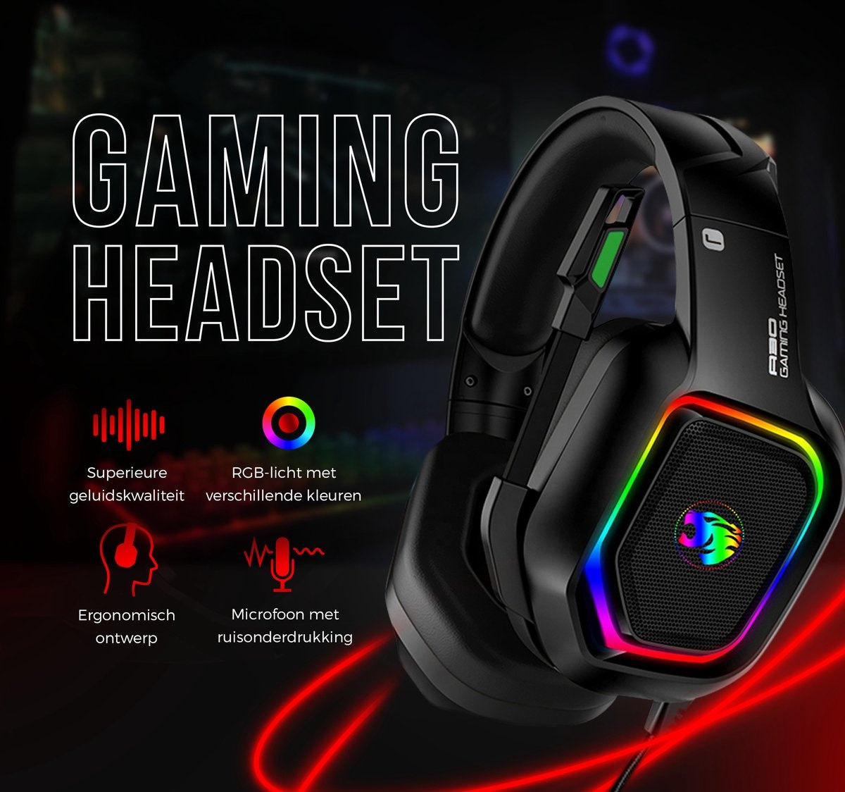 URGOODS Gaming Headset – Virtueel 7.1 Surround Sound  – 1 m kabel – Zwart/RGB