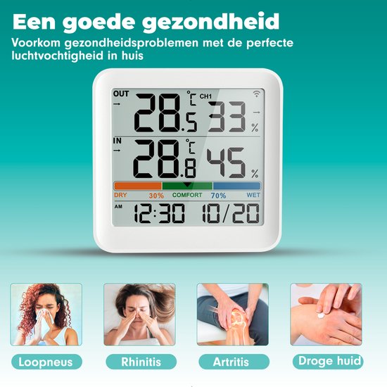 Iqonic Draadloos Weerstation - Voor Binnen en Buiten - Op Batterijen - Luchtvochtigheidsmeter - Met Buitensensor - Wit