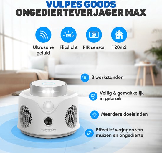Vulpes Goods® Verjager - Ultrasonische Muizenverjager - Ongedierte Verjager Voor Binnen - Diervriendelijk Muizen en Insecten Bestrijding - Diervriendelijke Muizenval - 360 Graden Bescherming - Pest Repeller - MAX versie - Wit
