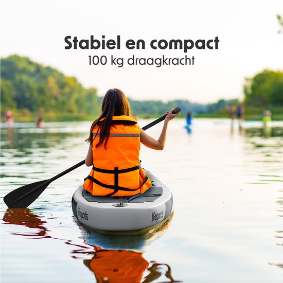 LifeGoods SUP Board Allround Compact - Met Zitje - 100 KG Draagkracht - 300 x 76 cm - Opblaasbaar - Compleet SUP pakket - Zwart/Wit