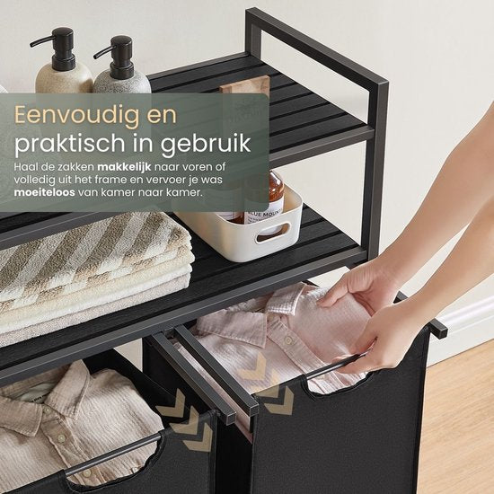 O'DADDY® Wasmand met 2 Vakken & 2 Planken - 76 Liter - Wassorteerder Uitschuifbaar - Was Organizer - Laundry Basket - Wasbox - Wasmanden - Dubbele Wasmand - Zwart/Bruin
