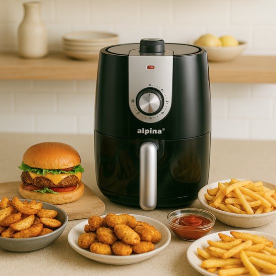 alpina Airfryer 2L - Heteluchtfriteuse 1-4 Personen - Air Fryer met Timer - Instelbare Temperatuur 80 tot 200 Graden - met Timer Functie - Heteluchtoven 900W