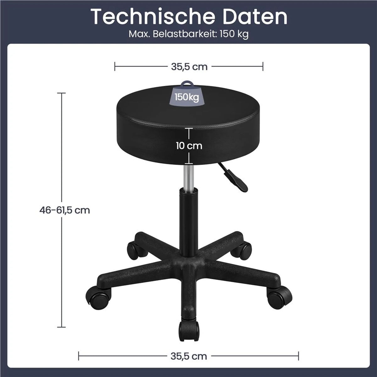 Yaheetech Barkruk In Hoogte Verstelbaar – Voorzien Van 10 cm Dik Zitkussen En 360° Draaifunctie En Stervoet Met Wielen – Voor Kantoor Studio En Keukeneiland – Zwart Kunstleer En Metaal – 50 x 50 x 46 – 61,5 cm