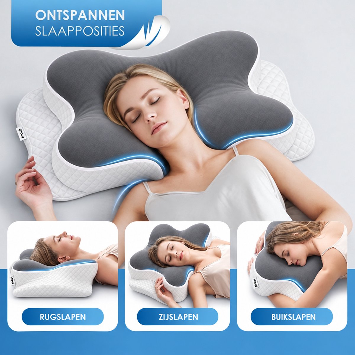 Maqi Living Ergonomisch Hoofdkussen van Traagschuim - Nekondersteuning met 2 Hoogtes - Voor Rug-, Zij- en Buikslapers - 68 x 45 cm - Wit