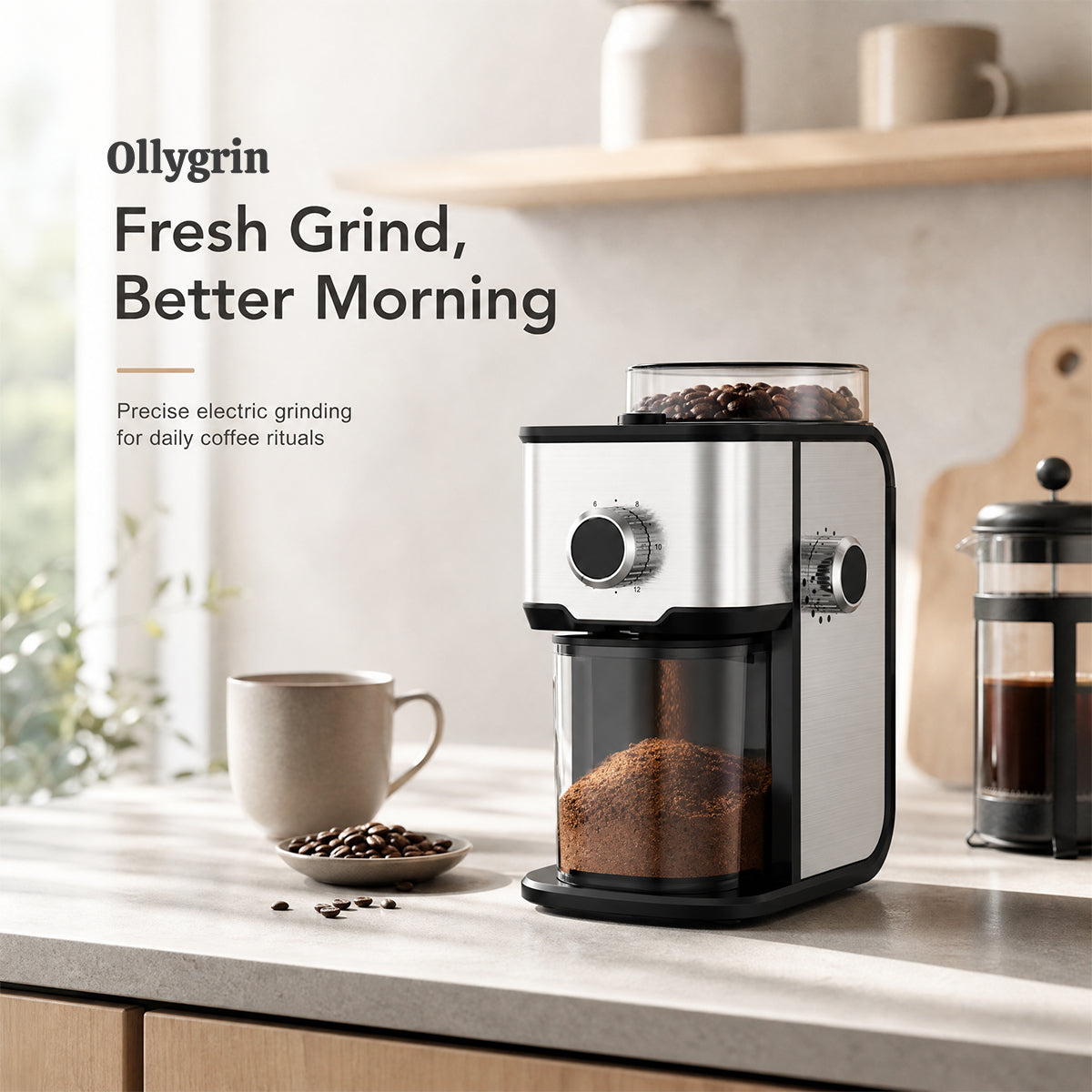 Ollygrin BG705 elektrische koffiemolen met vlakke maalwalsen - verstelbare koffiemolen voor thuisgebruik