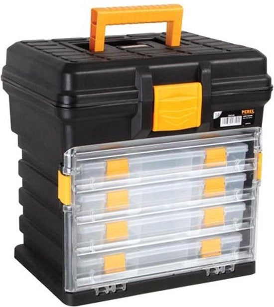 Perel Multifunctionele opbergkoffer, polypropyleen, 5-delig, draagbaar, met 4 uitneembare soorteerdozen, zwart/geel, 340 x 272 x 341 mm