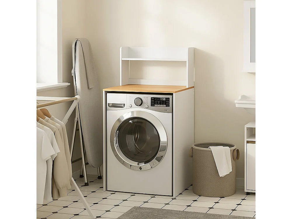 SoBuy Wasmachinekast BZR224-WN - Met Werkblad en Open Plank - 66 x 60 x 126,5 cm - Wit/Licht Eiken