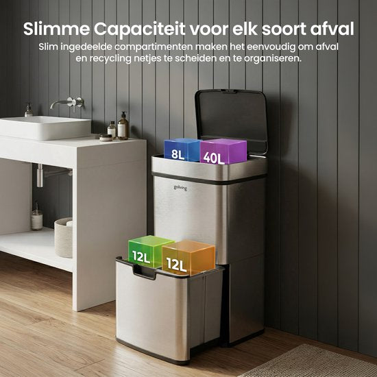 Goliving Automatische Prullenbak Afvalscheiding 72 Liter – Sensor Afvalbak – Handsfree sensor – Afvalemmers – Vuilnisbak voor Binnen – RVS – 40L + 2x12L + 8L – Zilver