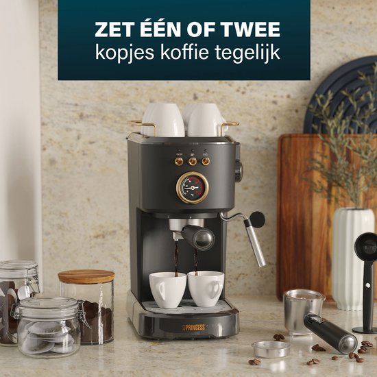 Princess 249417 Espressomachine – 20 Bar – Geschikt voor Gemalen Koffie, Pads & Cups – Met Melkopschuimer – 1,2L Watertank – 2 Kopjes Tegelijk – Kopjesverwarmer – Zwart – Cappuccino & Latte Machine