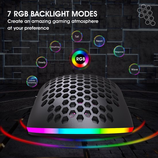 HXSJ T66 - Draadloze Gaming Muis - Computermuizen - Ultra licht - RGB Verlichting - Zwart