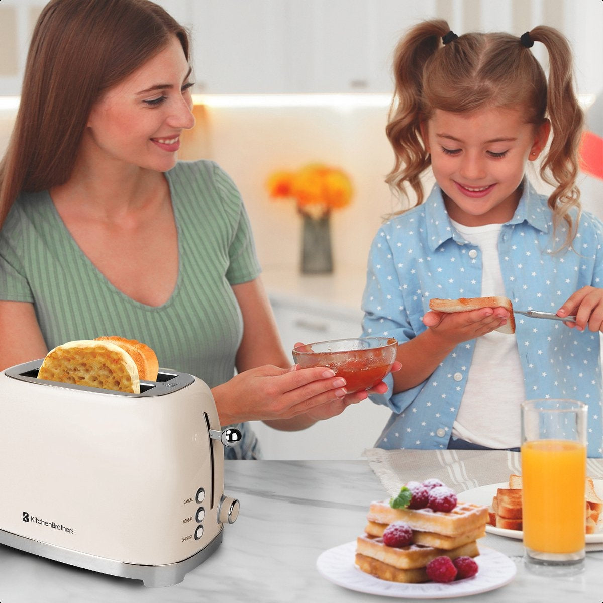 KitchenBrothers Retro Broodrooster - Toaster - 6 Warmteniveaus - 2 Extra Brede Sleuven - 815W - Beige
