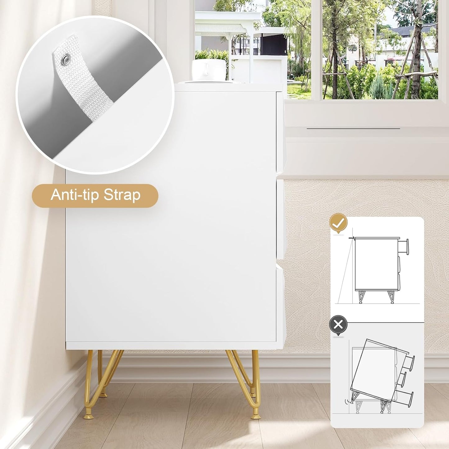 Eugad Nachtkastje met 3 Lades – 40x40x62,5 cm – Wit met Goud – Modern 3D Design
